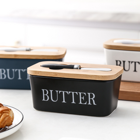 Porta Manteiga de Cerâmica com Tampa de Bambu