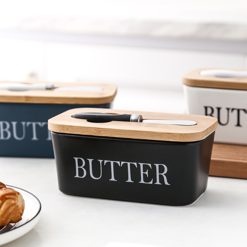 Porta Manteiga de Cerâmica com Tampa de Bambu