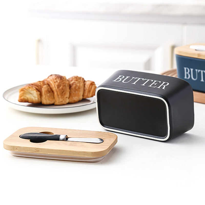 Porta Manteiga de Cerâmica com Tampa de Bambu